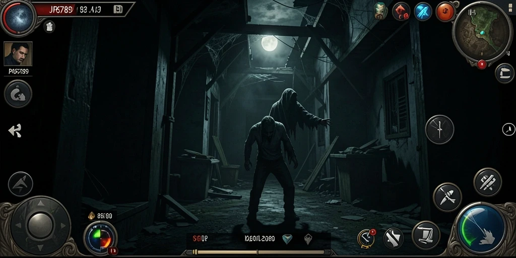 Screenshot utama JP6789 menampilkan momen menegangkan di dalam rumah horor.