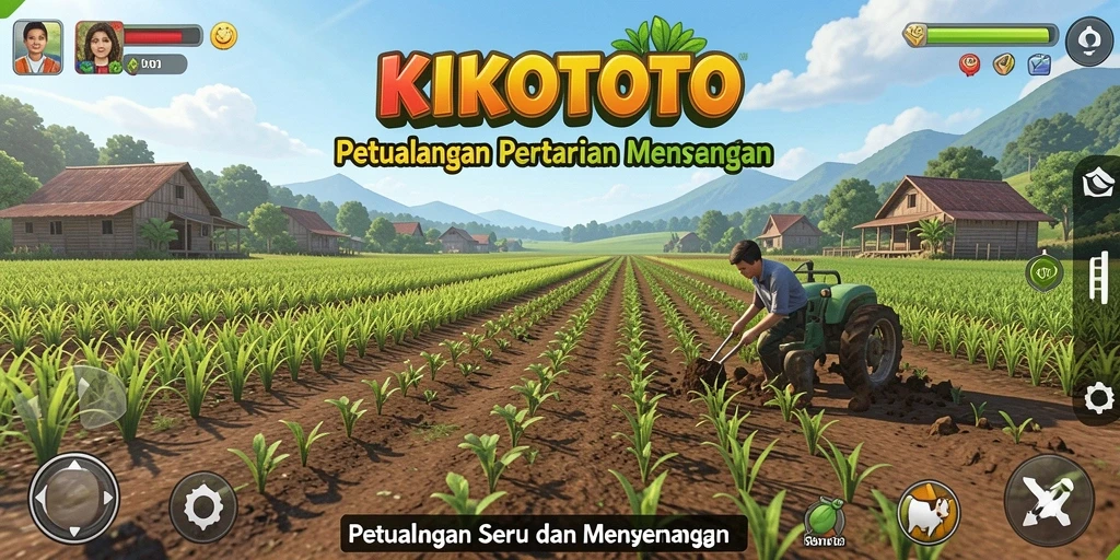 Tampilan gameplay KIKOTOTO yang menampilkan suasana ladang yang indah.