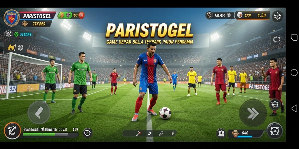 Tampilan gameplay PARISTOGEL dengan aksi sepak bola yang mendebarkan.
