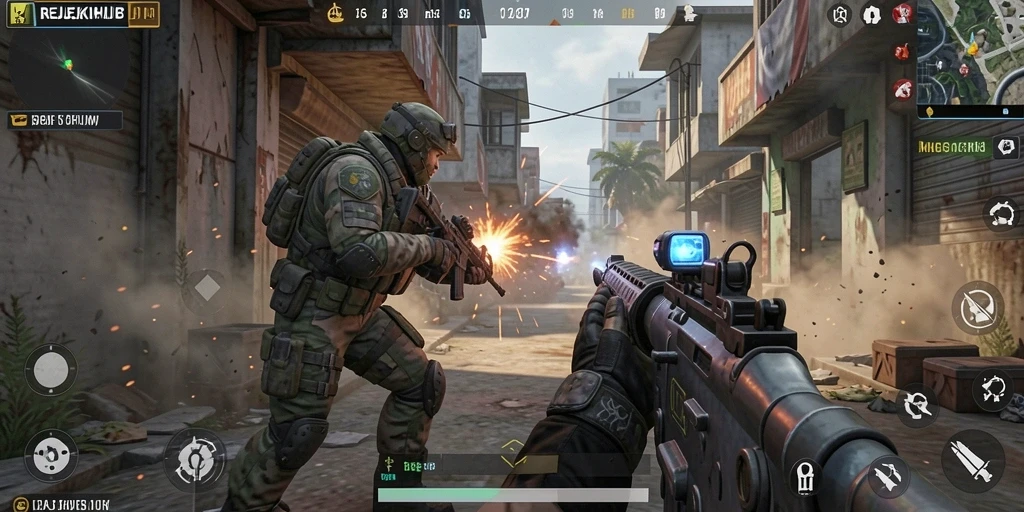 Screenshot gameplay REJEKIHUB menampilkan aksi tempur intens.
